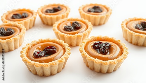 Obraz na płótnie Pastel De Nata Tarts Isolated on White Background Featuring Traditional Portuguese Pastry with Flaky Crusts Caramelized Tops and Three Raisin in Detailed 3D Render w salonie