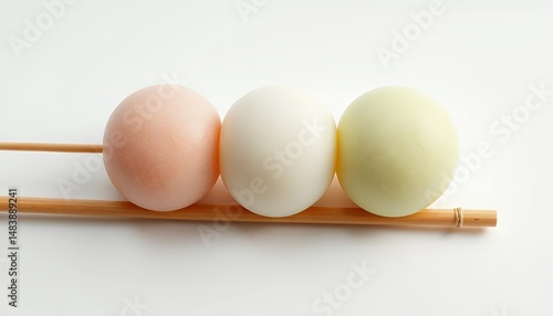 Obraz na płótnie Pastel Japanese Dango Mochi Balls on Bamboo Skewer Isolated on White Background in a Clean Studio Shot w salonie
