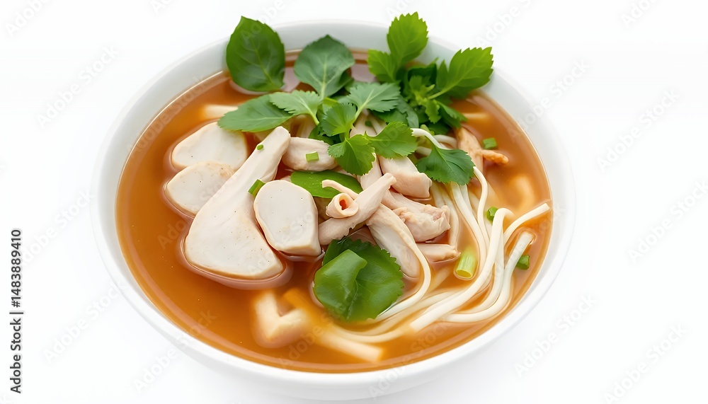 Pho Ga Vietnamese Chicken Noodle Soup in White Bowl Isolated on White Background