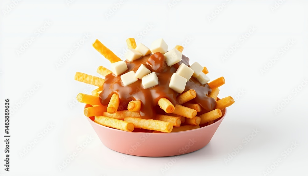 Poutine a Canadian Dish of Fries Gravy and Cheese Curds Isolated on White Background