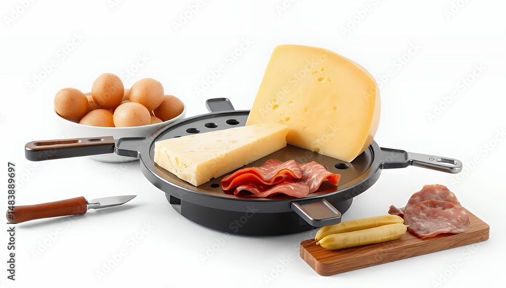 Raclette Grill with Swiss Cheese and Salami Isolated on White Screen 3D Render