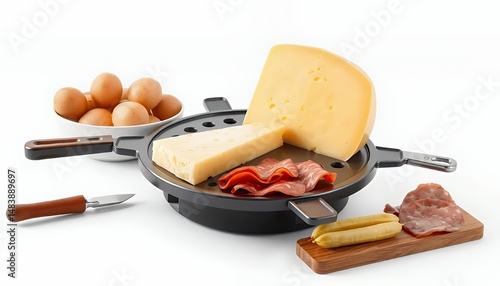 Obraz na płótnie Raclette Grill with Swiss Cheese and Salami Isolated on White Screen 3D Render w salonie