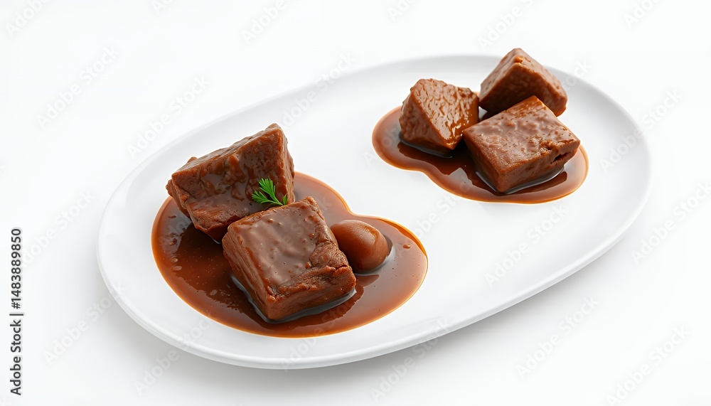 Rendang Beef Cubes in Dark Brown Sauce Garnished with Green Leaf in White Plate Isolated
