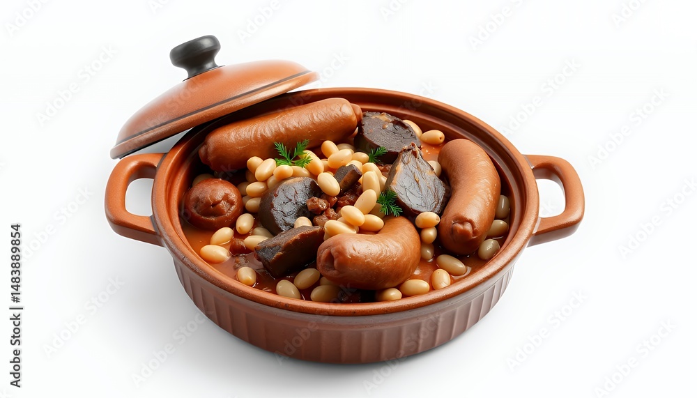 Rich Cassoulet with Sausage and Beans in Brown Terracotta Pot isolated on White Background 3D Render