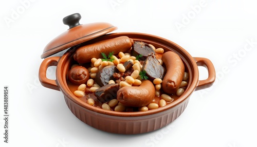 Obraz na płótnie Rich Cassoulet with Sausage and Beans in Brown Terracotta Pot isolated on White Background 3D Render w salonie