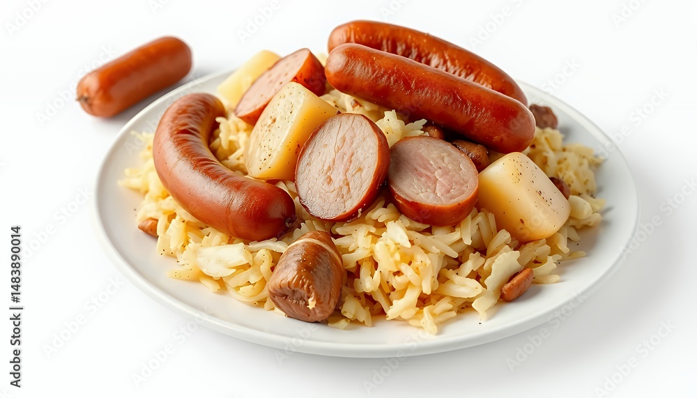 Schupfnudeln Isolated with Sausages and Chestnuts on White Screen for Culinary Presentation, 3D Render