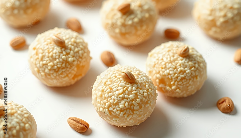 Scrumptious Onde Onde Sesame Seed Coated Indonesian Treats Topped with Peanut Isolated on White Background Perfect for Decoration