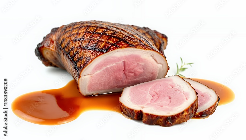 Sliced Roast Pork Loin with Brown Sauce Isolated on White Screen