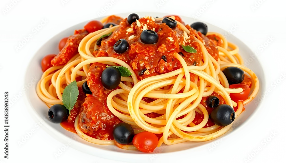 Spaghetti al Pomodoro with Tomatoes Olives and Basil on White Screen Background Representing Classic Italian Cuisine in Detailed 3d Render