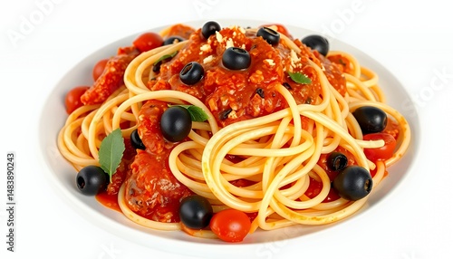 Obraz na płótnie Spaghetti al Pomodoro with Tomatoes Olives and Basil on White Screen Background Representing Classic Italian Cuisine in Detailed 3d Render w salonie