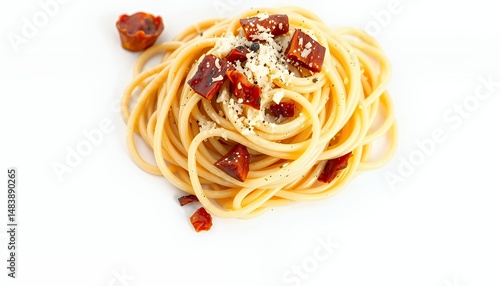 Obraz na płótnie Spaghetti alla Bottarga a Sardinian Pasta Dish Featuring 3D Render Isolated on White Background w salonie