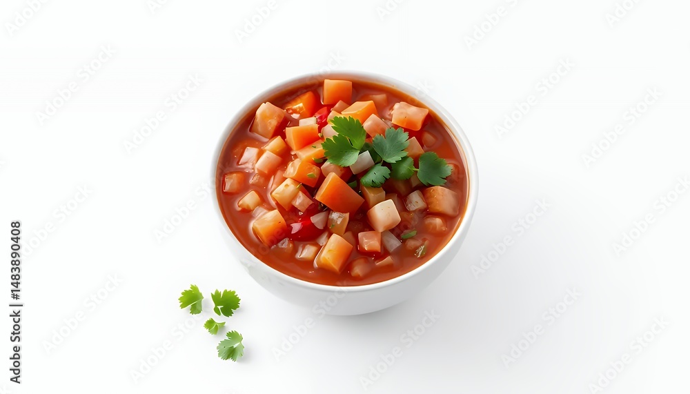 Spanish Gazpacho Cold Soup in White Bowl Garnish Isolated on White Background in Detailed 3D Render Captures Fresh Orange Tomato Vegetable Cilantro Dish