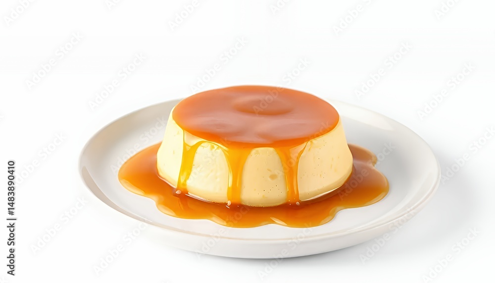 Spanish Flan Cr?me Caramel Dessert with Liquid Caramel Topping on White Plate Isolated on White Background for Culinary Projects and Food Related Designs