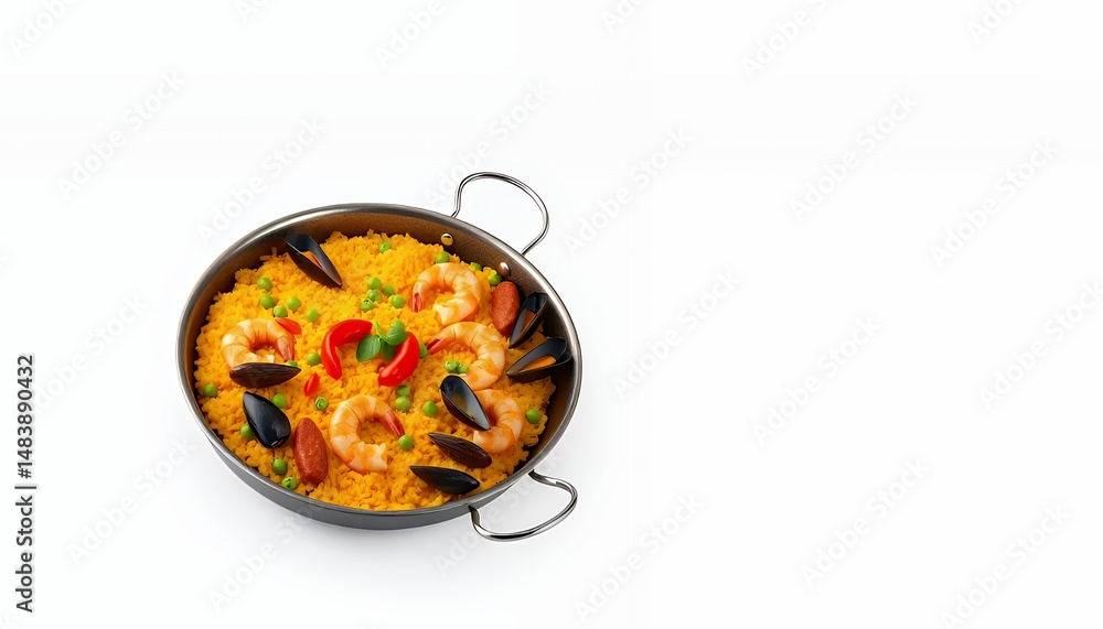 Spanish Paella with Seafood and Vegetables on White Background Detailed 3D Render Model in Silver Pan Isolated Against Clean White Backdrop for Culinary and Menu Presentation