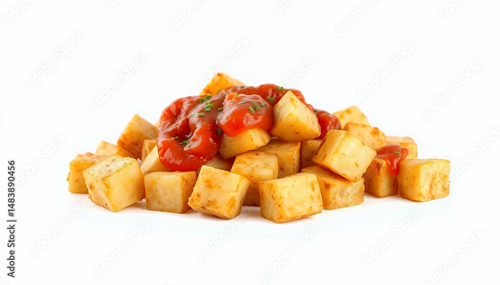 Spanish Patatas Bravas Golden Fried Potatoes with Spicy Sauce 3D Render Isolated on White