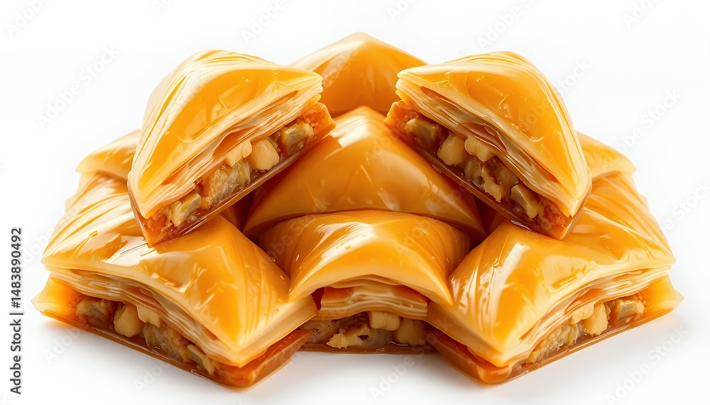 Stacked Golden Baklava Triangle Pastries Isolated on White Background a Delicious Middle Eastern Dessert
