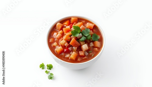 Spanish Gazpacho Cold Soup in White Bowl Garnish Isolated on White Background in Detailed 3D Render Captures Fresh Orange Tomato Vegetable Cilantro Dish