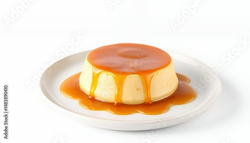 Obraz na płótnie Spanish Flan Cr?me Caramel Dessert with Liquid Caramel Topping on White Plate Isolated on White Background for Culinary Projects and Food Related Designs w salonie