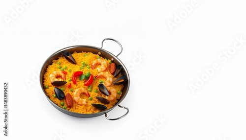 Obraz na płótnie Spanish Paella with Seafood and Vegetables on White Background Detailed 3D Render Model in Silver Pan Isolated Against Clean White Backdrop for Culinary and Menu Presentation w salonie