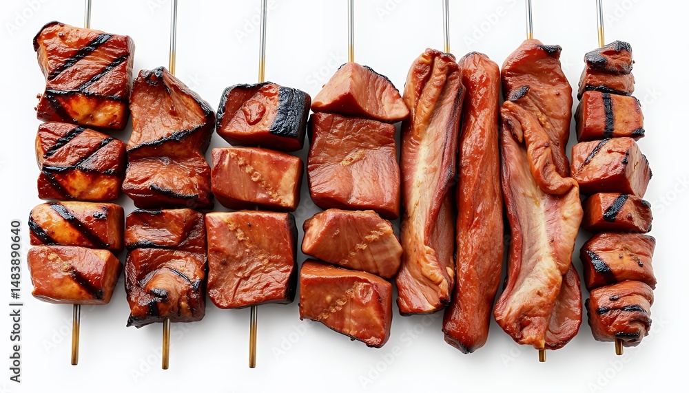 Succulent Malaysian Satay Skewers Freshly Grilled Isolated on White Background Showcasing Rich Caramelized Glaze a Mouthwatering Display of Southeast Asian Cuisine Perfect for Culinary Projects and