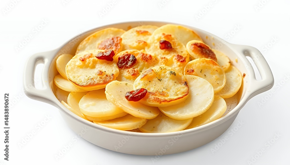 Swedish Janssons Frestelse Casserole Sliced Potatoes Onions and Pickled Sprats Isolated on White