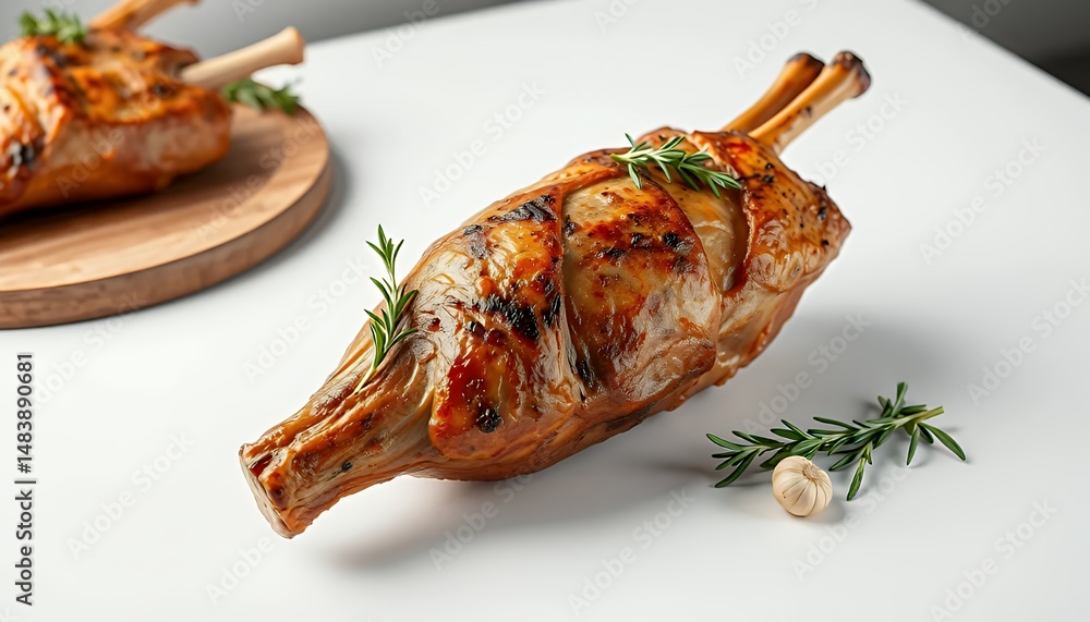 Succulent Schweinshaxe German Pork Knuckle Isolated on White Background Detailed 3D Render with Crispy Glazed Skin Fresh Herbs and Studio Lighting Perfect for Culinary Themes