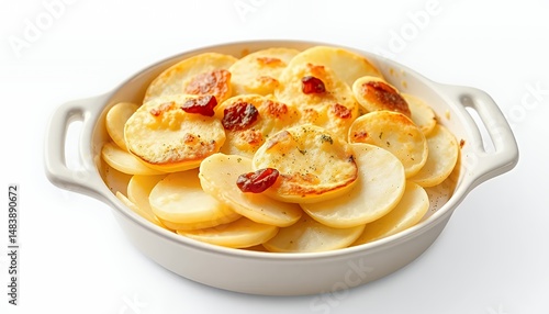 Obraz na płótnie Swedish Janssons Frestelse Casserole Sliced Potatoes Onions and Pickled Sprats Isolated on White w salonie