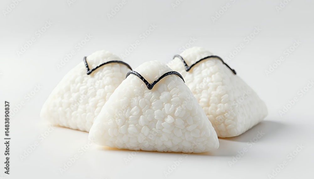 Three 3d Rendered White Onigiri Rice Balls Isolated on White Background Featuring Black Decoration Perfect for Japanese Cuisine Themed Visuals and Culinary Decoration