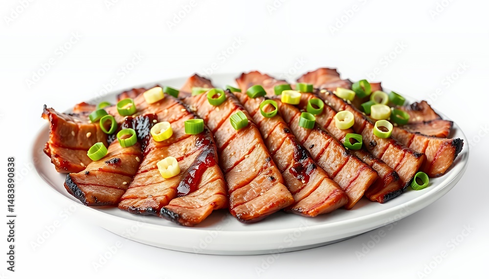Thinly Sliced Samgyeopsal Korean Pork Belly on White Plate Isolated on White Background Glistening Sauce and Fresh Green Onions Garnish Perfect for Culinary Presentation