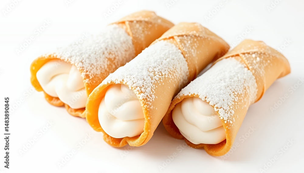 Three Cannoli Pastries Cream Filling Sprinkled with Sugar Isolated on White