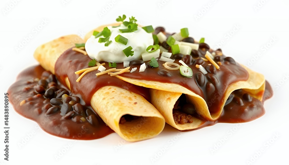 Three Dimensional Enchiladas in Rich Mole Sauce Topped with Sour Cream and Cilantro Isolated on White