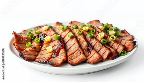 Obraz na płótnie Thinly Sliced Samgyeopsal Korean Pork Belly on White Plate Isolated on White Background Glistening Sauce and Fresh Green Onions Garnish Perfect for Culinary Presentation w salonie