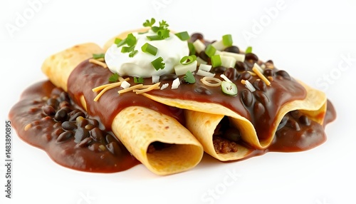 Obraz na płótnie Three Dimensional Enchiladas in Rich Mole Sauce Topped with Sour Cream and Cilantro Isolated on White w salonie