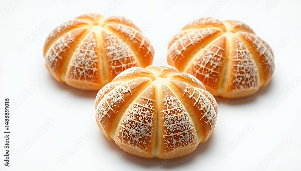Three Golden Pane Siciliano Buns Adorned with Sesame Seeds Isolated on White Screen Background a 3D Rendered Still Life