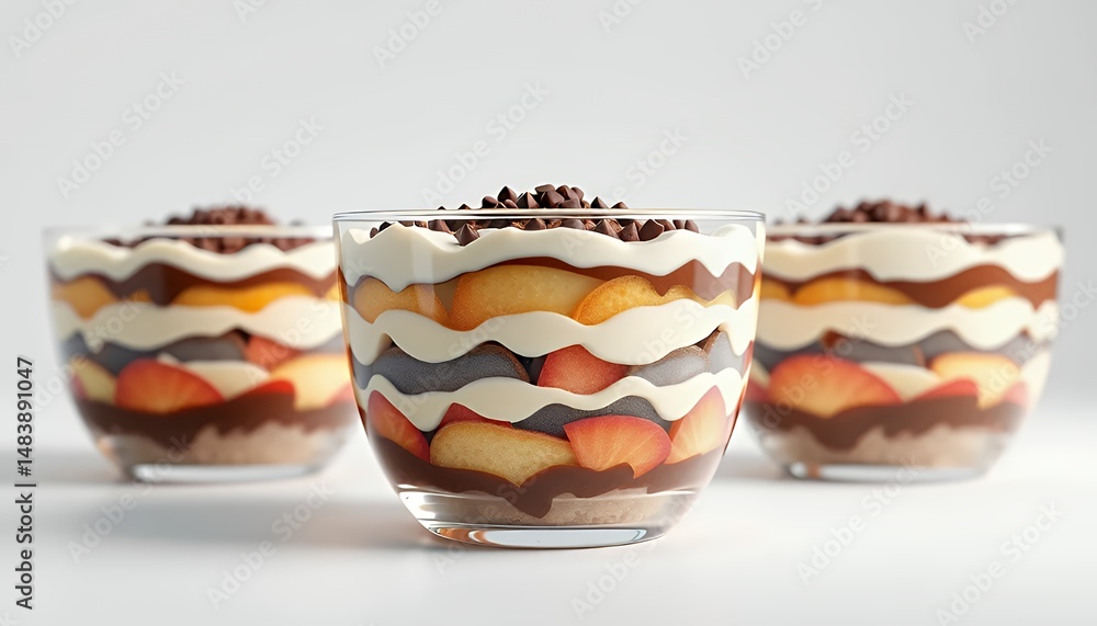 Three Layered Trifle Desserts in Glass Cup Isolated on White Screen Background