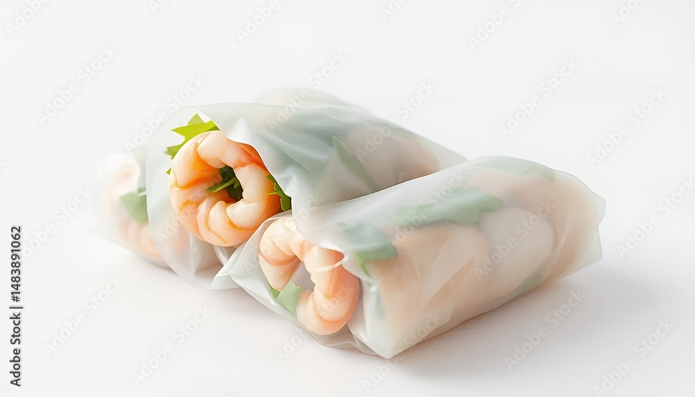 Three Translucent Vietnamese G?i cu?n Spring Rolls Isolated on White Screen Background Featuring Shrimp and Vegetables in Detailed 3D Render Model