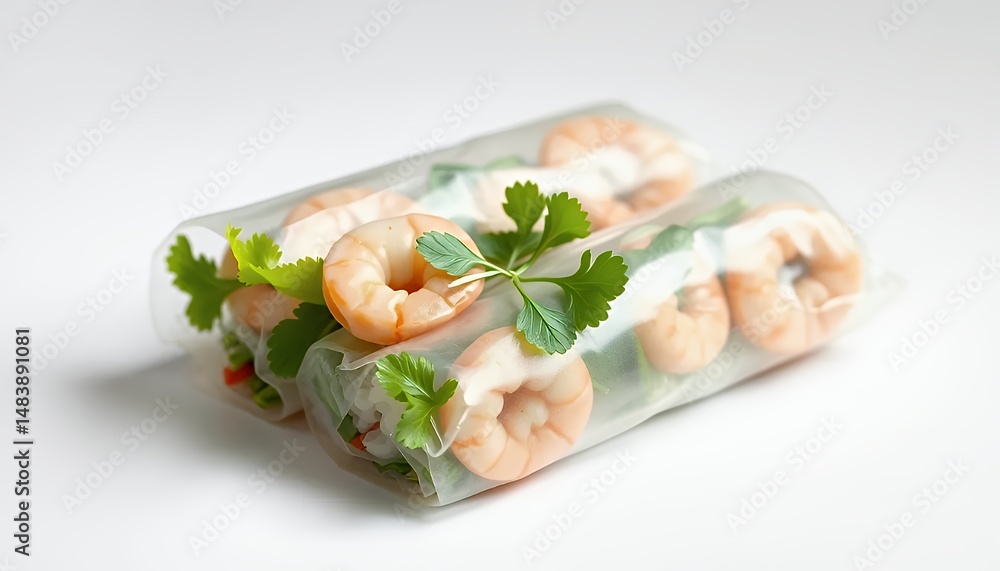 Three Vietnamese Goi Cuon Spring Rolls with Shrimp and Herbs Isolated on a White Background in Detailed 3d Rendering