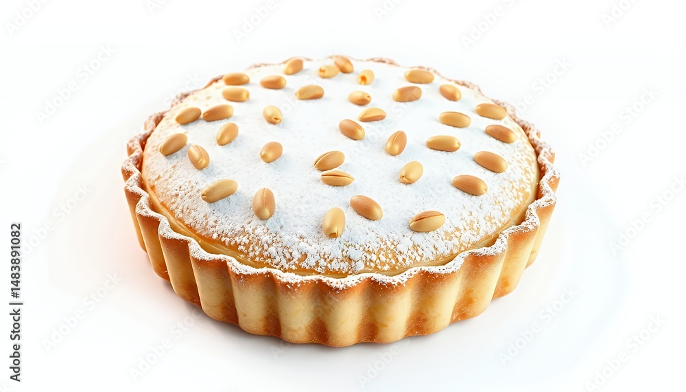 Torta Della Nonna Italian Custard Tart Topped with Pine Nuts and Powdered Sugar Isolated on White Background