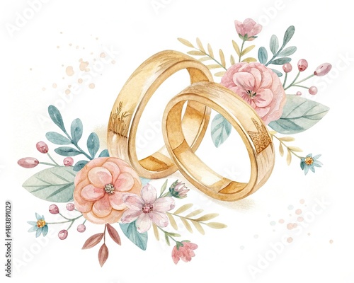 Wedding ring, watercolor clipart illustration with isolated background.
