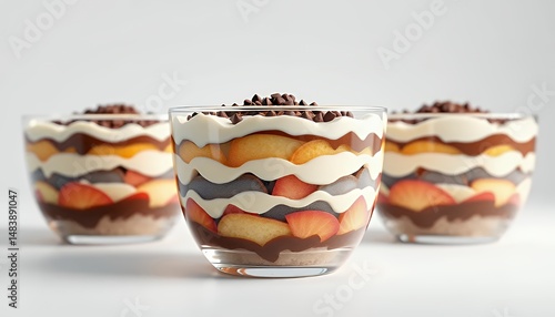 Three Layered Trifle Desserts in Glass Cup Isolated on White Screen Background
