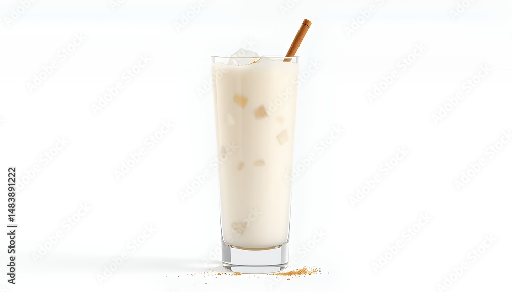 Traditional Mexican Horchata Drink Isolated with Cinnamon Stick on White Background Featuring Refreshing Rice Milk Beverage Garnished for Culinary Art Decoration