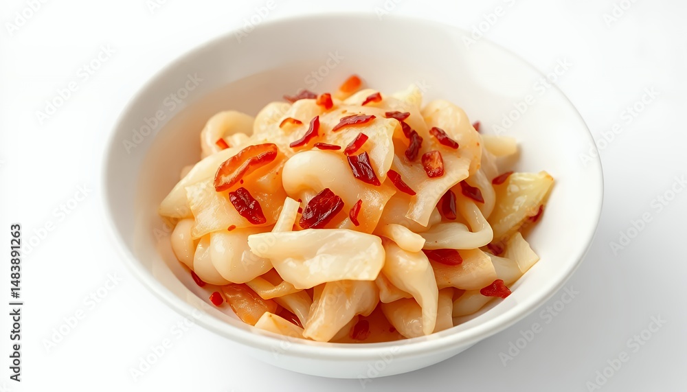 Trofie Pasta with Calabrian Chili Peppers Italian Cuisine Isolated on White Background