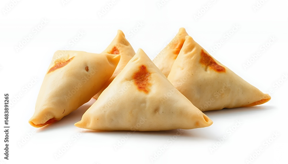 Triangular Golden Samosas Isolated on White Background in Detailed 3D Rendering Showcasing Savory Indian Snack Perfect for Culinary Presentation