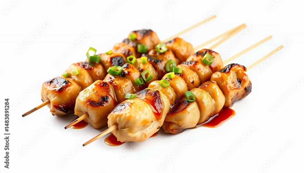 Tsukune Japanese Chicken Meatballs on Skewers with Glaze and Green Onions Isolated on White Screen