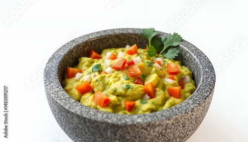 Obraz na płótnie Traditional Guacamole in Stone Bowl with Tomato and Cilantro Isolated on White Screen Background Featuring Vibrant Green Avocado with Diced Red Tomatoes and White Onions w salonie