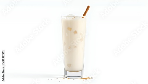 Obraz na płótnie Traditional Mexican Horchata Drink Isolated with Cinnamon Stick on White Background Featuring Refreshing Rice Milk Beverage Garnished for Culinary Art Decoration w salonie