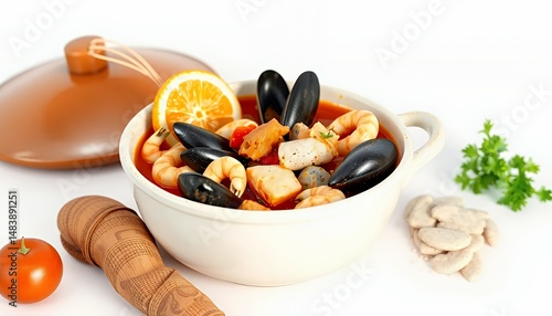 Traditional Provencal Bouillabaisse Isolated with Orange and Mussels in White Bowl on White Background Featuring French Cuisine Perfect for Decoration