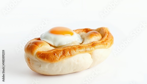 Traditional Russian Kurnik Savory Pie Topped with Egg Isolated on White Background Showcasing Golden Brown Baked Crust and Studio Lighting Perfect for Culinary Projects