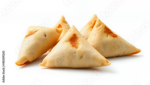 Obraz na płótnie Triangular Golden Samosas Isolated on White Background in Detailed 3D Rendering Showcasing Savory Indian Snack Perfect for Culinary Presentation w salonie