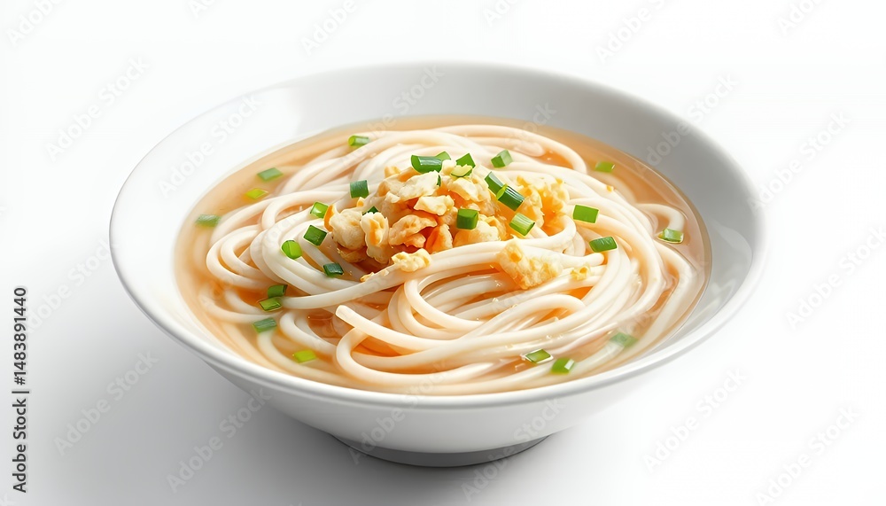 Udon Noodle Soup in White Bowl Isolated on White Screen